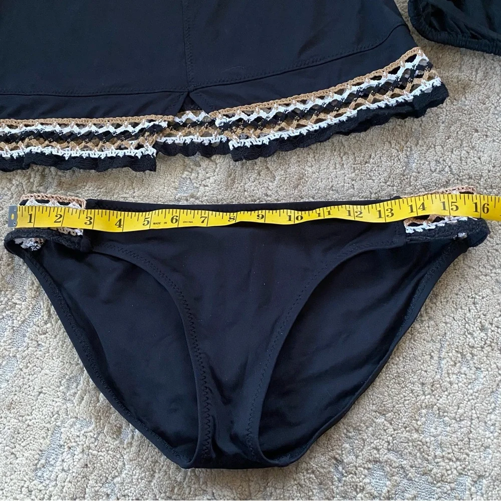 Becca Fiesta Bikini Set Matching 3 Piece Crochet Black Triangle Wireless Bra: L